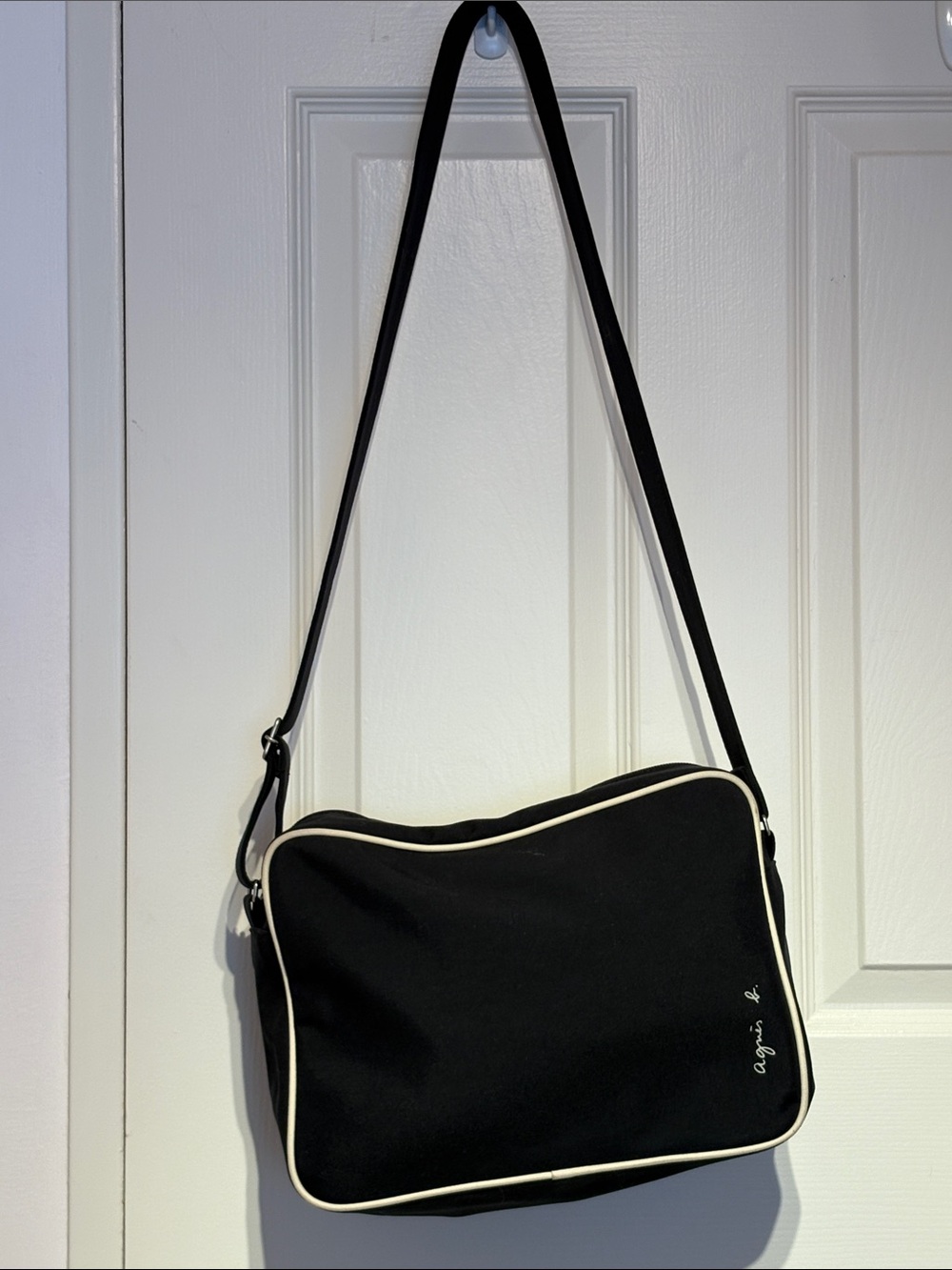 Agnes B. Black Shoulder Bag with Cream Piping